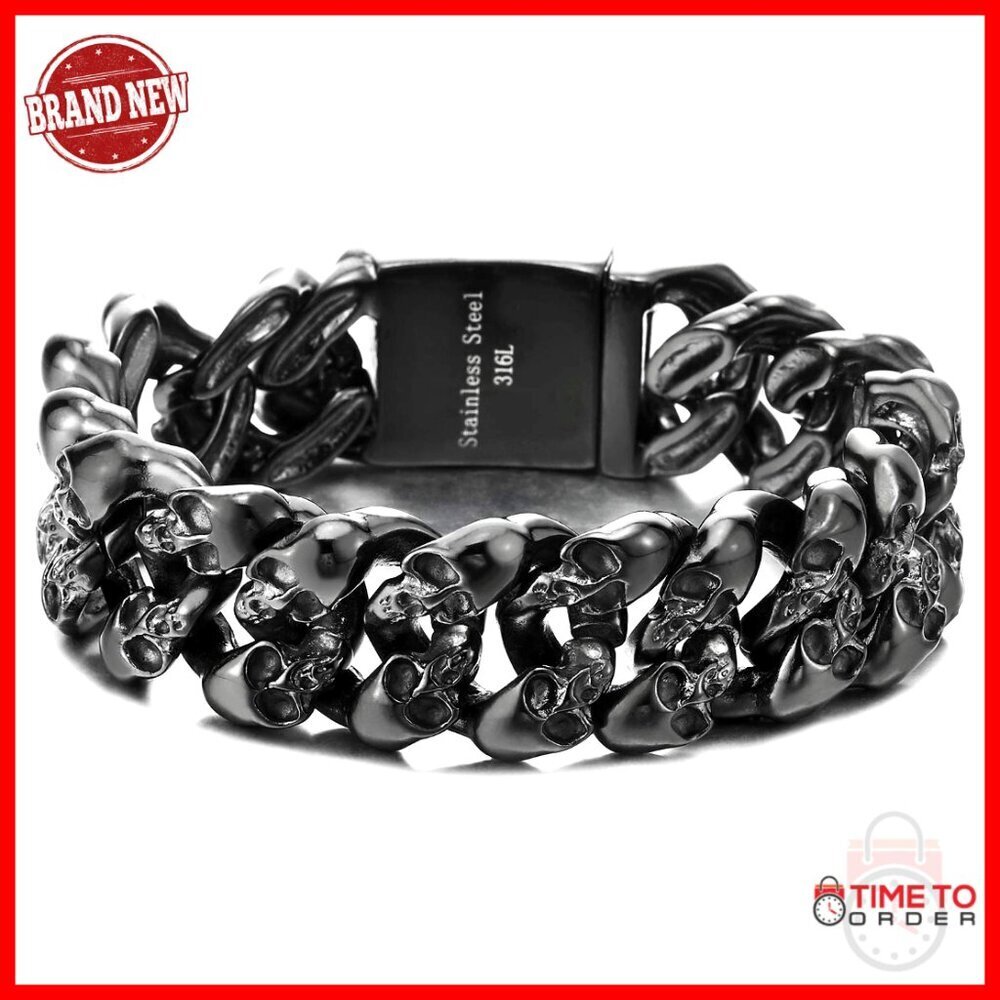 Stainless Steel Skull Link Bracelet with Box Clasp, Gothic Biker Style